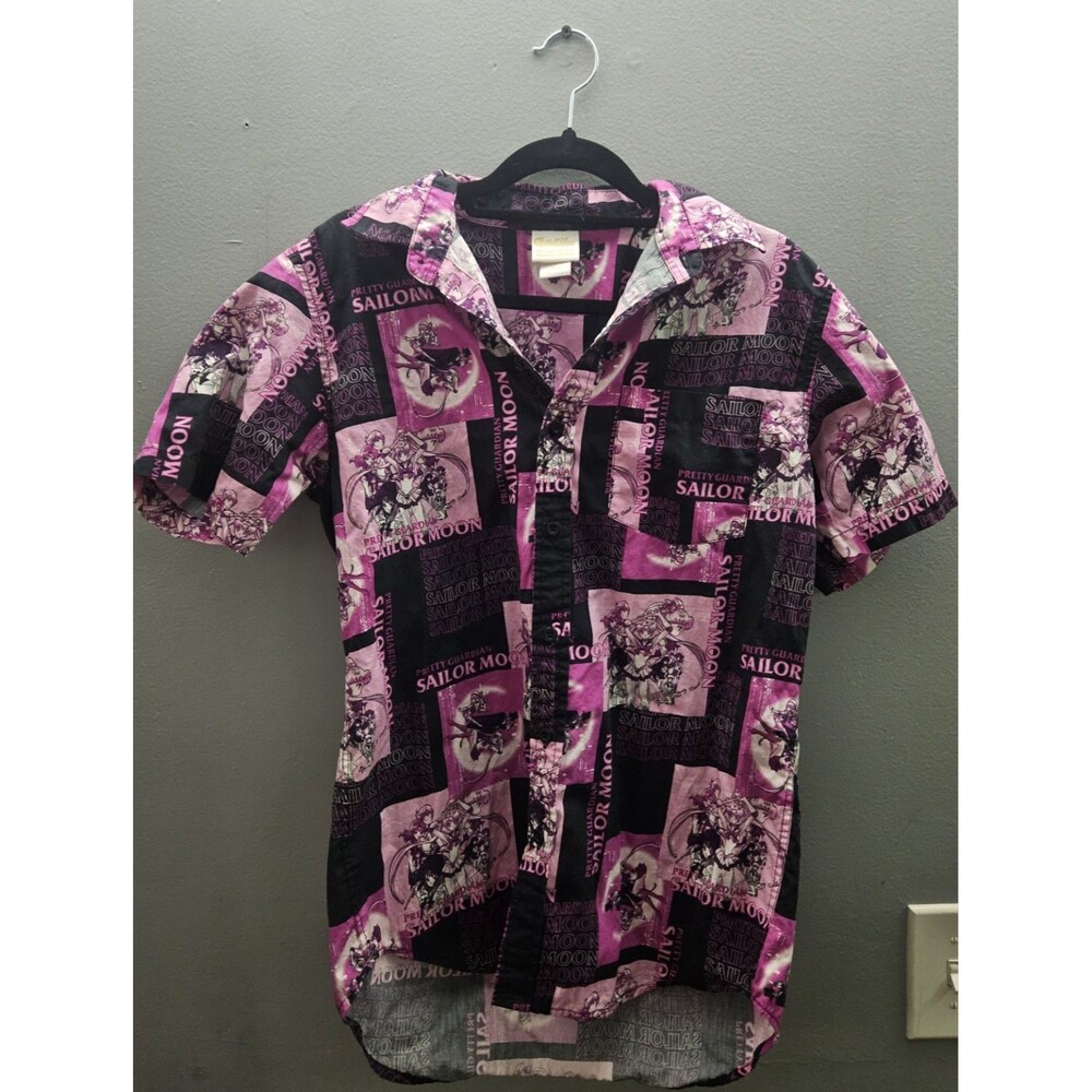 Sailor Moon Shirt Mens XS Pink Black Button Front Anime Graphic Hot Topic